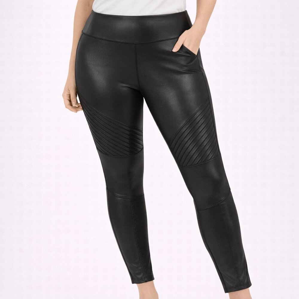 SPANX Faux Leather Moto Leggings Very Black Large